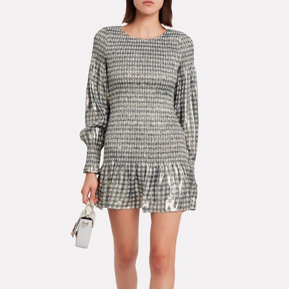 LoveShackFancy Silver Cream Metallic Gingham Silk Smocked Mini Dress XS - Picture 1 of 15
